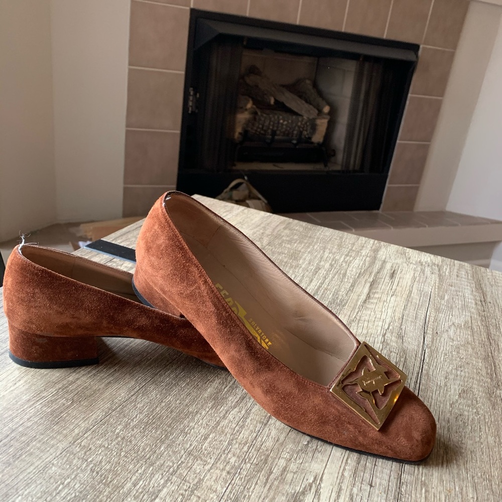 Brown Suede Ferragamo stacked heels with buckle